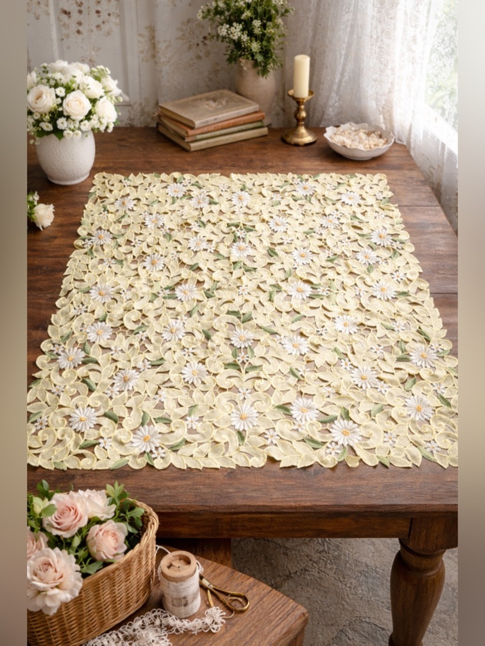 Vintage Table Topper Ivory Floral Cutwork Cottagecore Overlay 41” x 43”